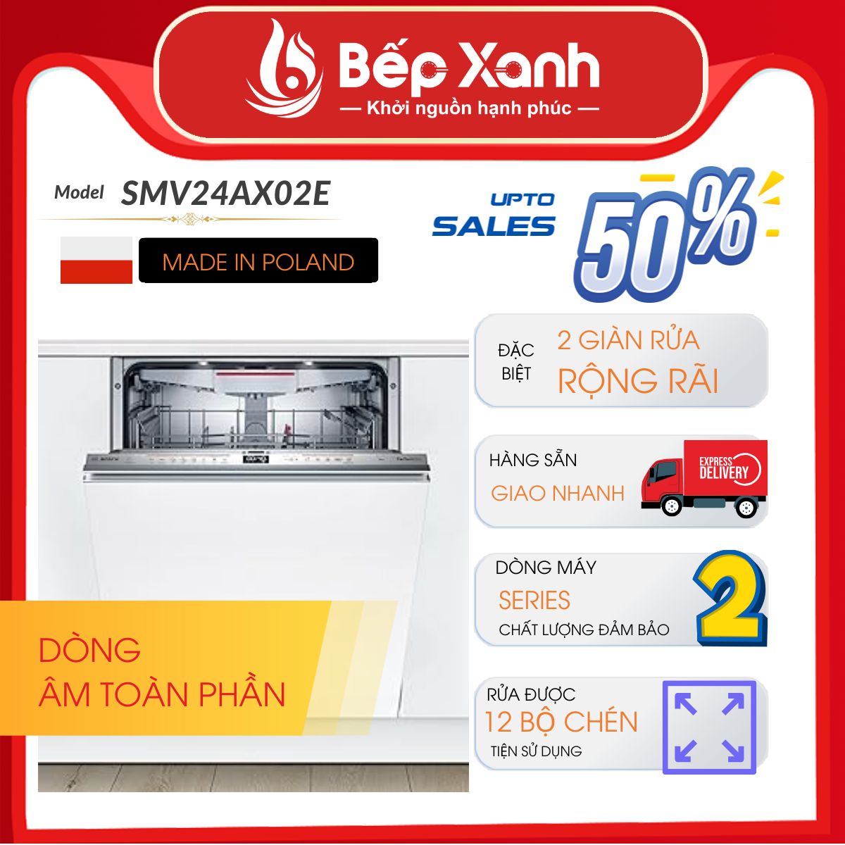 Máy Rửa Chén Âm Tủ Series 2 Bosch SMV25BX03R/ Nhập Khẩu Thổ Nhĩ Kỳ